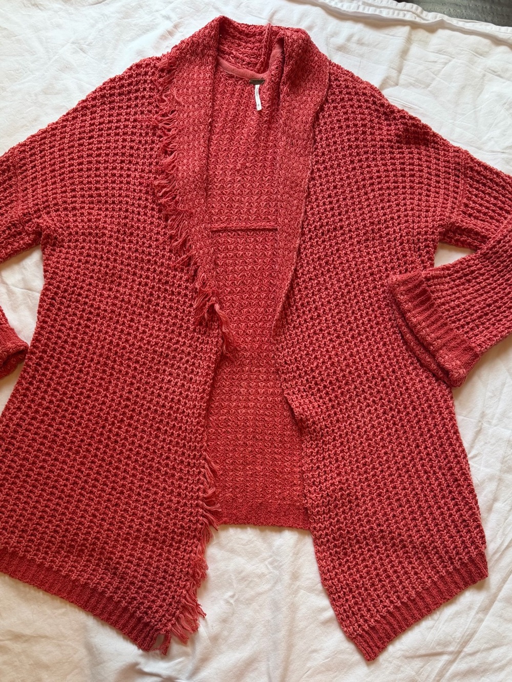 Free People I’ll Be Around Rust Silk Blend Fringe Open Knit Cardigan Sweater M